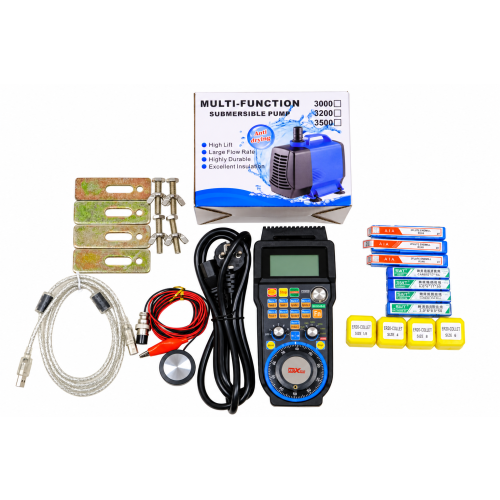 CNC CNCTech 6040 5D freesmachineaccessoires: handbediening, waterpomp, frezen, ER20 spantangen, steunen, gereedschapshoogtesensor en kabels