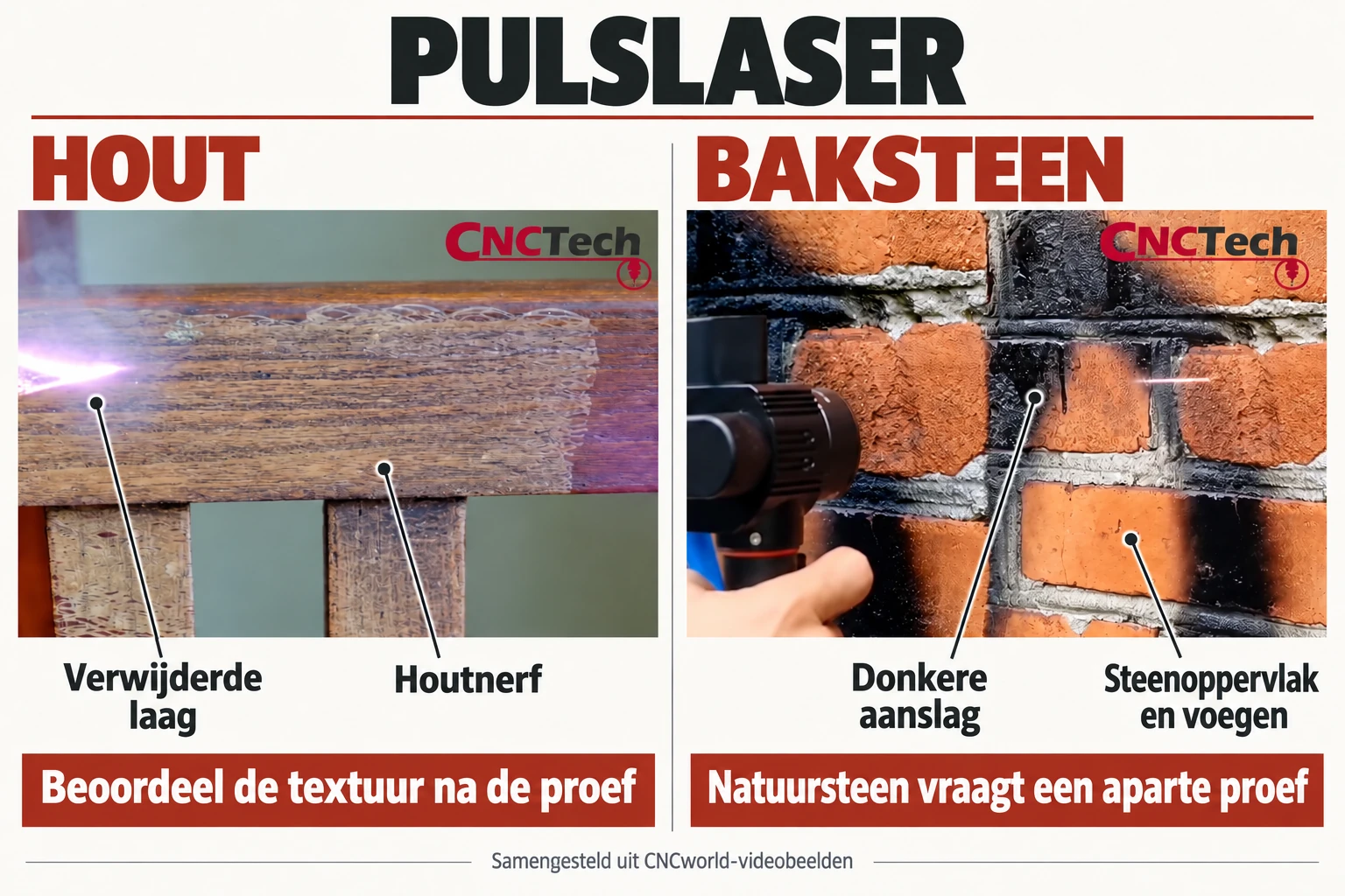Gepulste laser: hout en baksteen — te verwijderen laag, nerf en baksteenvlak en voegen