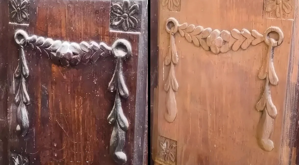 Originele vergelijking van een houten deur uit het aanbod van de gepulste reiniger