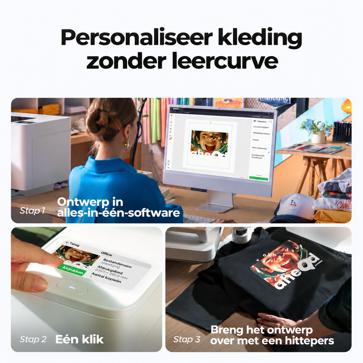 Drie stappen van het xTool Apparel Printer Plus-proces