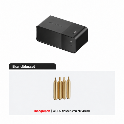 Fire Safety Set V1.5: besturingseenheid, vier CO₂-flessen van 48 ml, slang, adapter en handleiding Fire Safety Set V1.5: besturingseenheid, vier CO₂-flessen van 48 ml, slang, adapter en handleiding