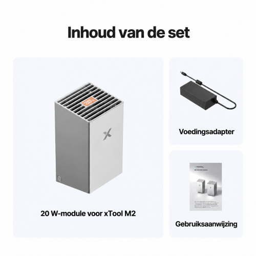Inhoud van het pakket met de lasermodule 20 W voor xTool M2 Inhoud van het pakket met de lasermodule 20 W voor xTool M2