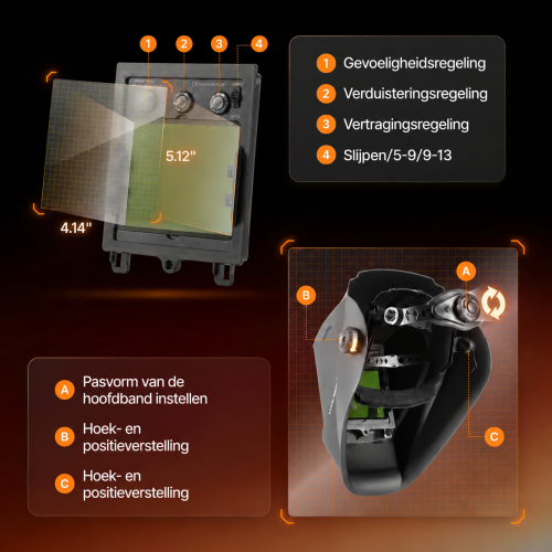 Bediening voor gevoeligheid, verduistering, vertraging en pasvorm van de lashelm