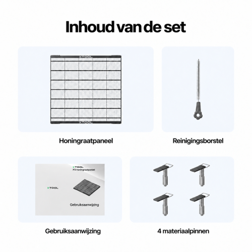 Inhoud van de P3-honingraatpaneelset: één paneel, vier pinnen, een borstel en een handleiding Inhoud van de P3-honingraatpaneelset: één paneel, vier pinnen, een borstel en een handleiding
