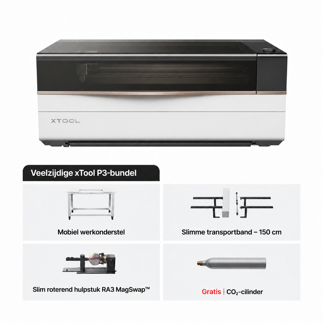 Veelzijdig xTool P3-pakket: onderstel, materiaaldoorvoer van 150 cm, RA3 en CO₂-cilinder